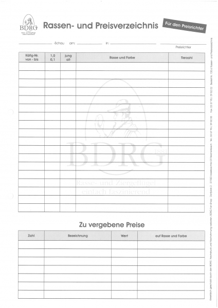 Rassen- und Preisverzeichnis 10 Stück